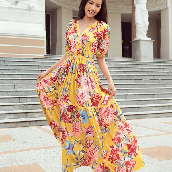 Váy Maxi Nữ F2 Fashion & Freedom City Girls D567-VH-S-1221 Màu Vàng Họa Tiết Size S