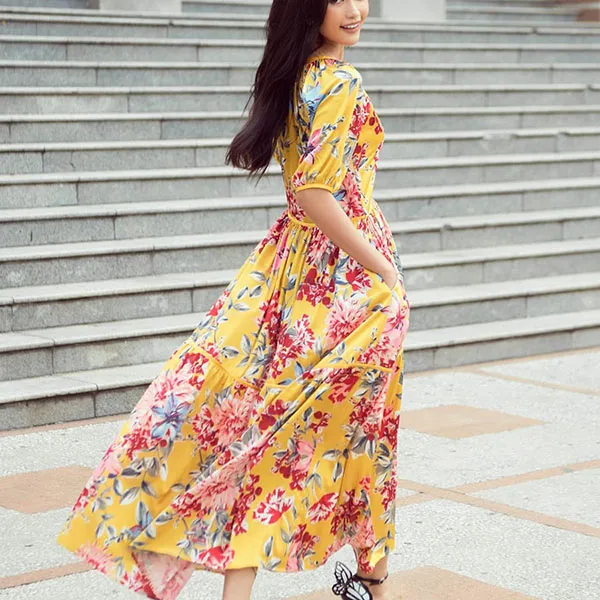 Váy Maxi Nữ F2 Fashion & Freedom City Girls D567-VH-S-1221 Màu Vàng Họa Tiết Size S