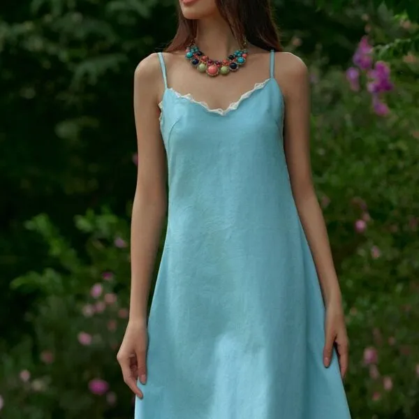Váy Liền Nữ F2 Fashion & Freedom Into The Wood Blue Linen Dress D802-GREEN-S-0524 Màu Xanh Blue Size S