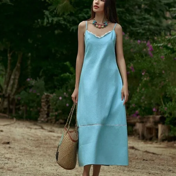 Váy Liền Nữ F2 Fashion & Freedom Into The Wood Blue Linen Dress D802-GREEN-S-0524 Màu Xanh Blue Size S