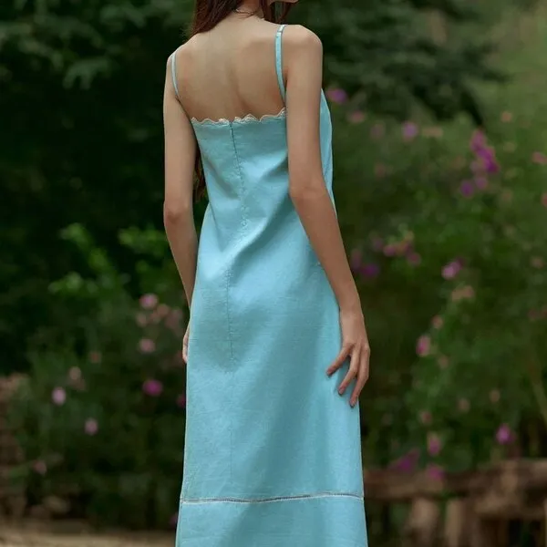 Váy Liền Nữ F2 Fashion & Freedom Into The Wood Blue Linen Dress D802-GREEN-S-0524 Màu Xanh Blue Size S