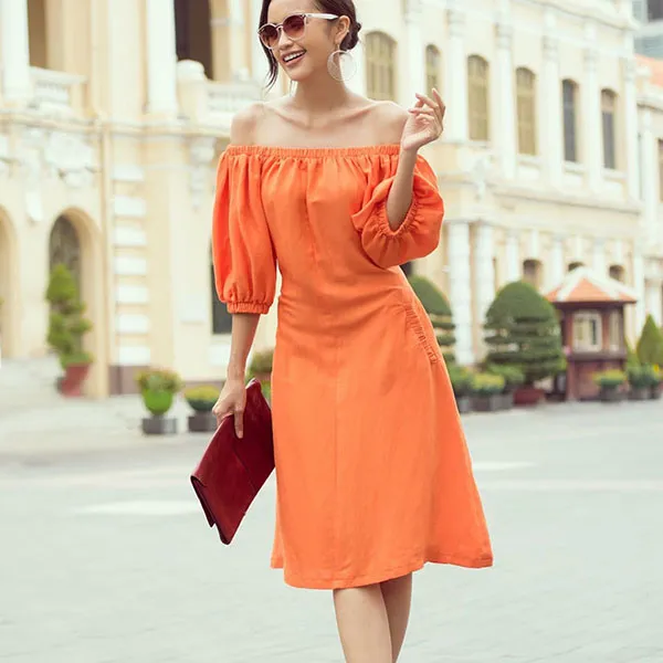 Váy Suông Trễ Vai F2 Fashion & Freedom Linen City Girls D574-C-S-1221 Màu Cam Size S