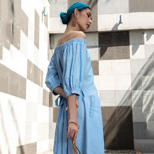 Váy Trễ Vai Linen Nữ F2 Fashion & Freedom D574-X-S-1221 Màu Xanh Nhạt Size S