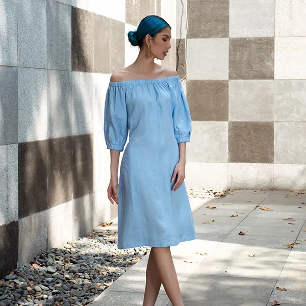 Váy Trễ Vai Linen Nữ F2 Fashion & Freedom D574-X-S-1221 Màu Xanh Nhạt Size S