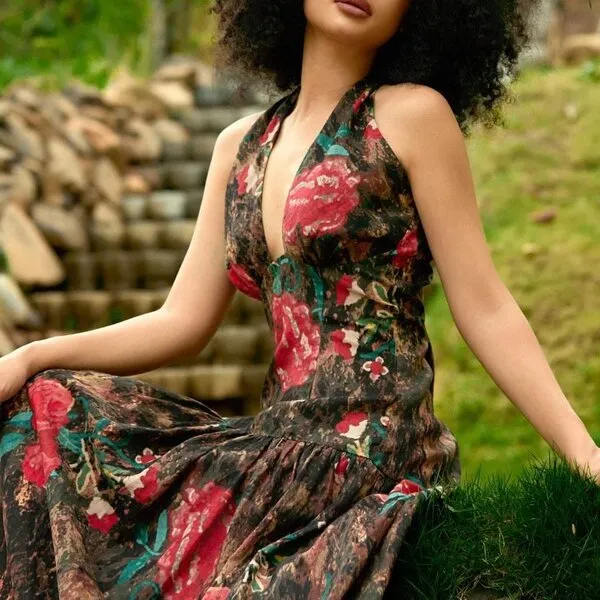 Váy Xòe Nữ F2 Fashion & Freedom Into The Wood Brown Linen Dress With Red Floral Print D804-NHD-M-0624 Màu Nâu Đỏ Size M