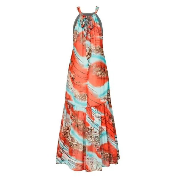 Váy Maxi Nữ F2 Fashion & Freedom Orange Silk Dress With Pattern D433-CHT-S-0724 Màu Cam Xanh Size S