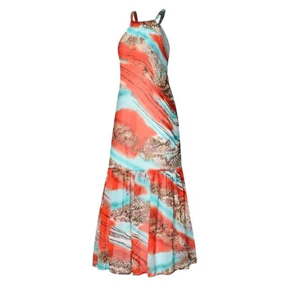 Váy Maxi Nữ F2 Fashion & Freedom Orange Silk Dress With Pattern D433-CHT-S-0724 Màu Cam Xanh Size S