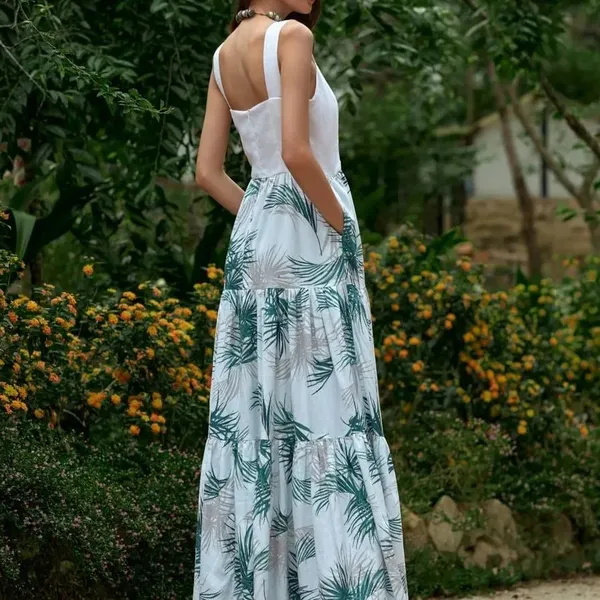 Váy Xòe Nữ F2 Fashion & Freedom White Linen Dress With Leaf Pattern Into The Wood D801-TLC-S-0524 Màu Trắng Xanh Size S