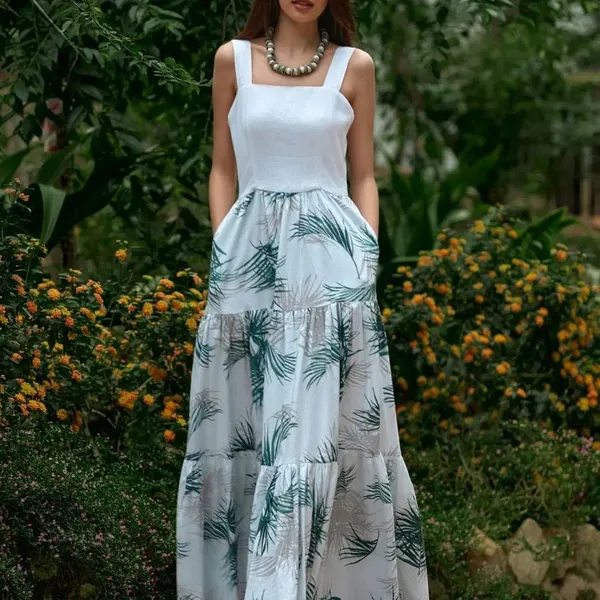 Váy Xòe Nữ F2 Fashion & Freedom White Linen Dress With Leaf Pattern Into The Wood D801-TLC-S-0524 Màu Trắng Xanh Size S