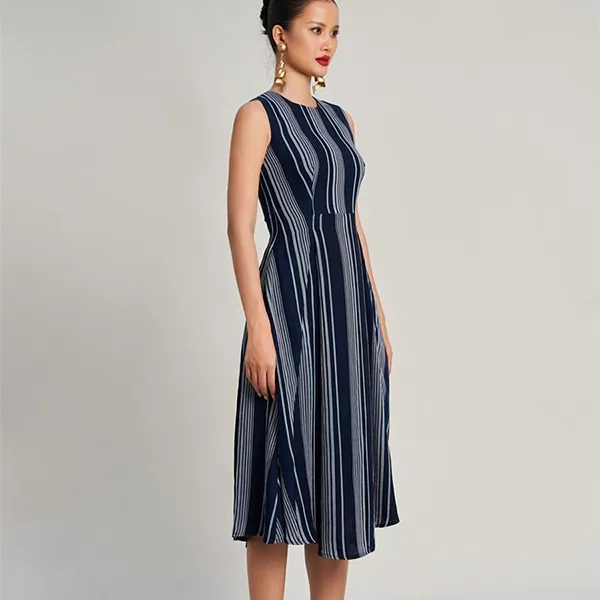 Váy Xòe Nữ F2 Fashion & Freedom Women's Golden Girl Linen Dress Blue With Gray Stripes D772-XSX-S-0923 Màu Xanh Xám Size S