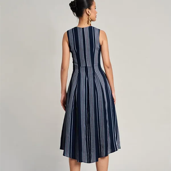 Váy Xòe Nữ F2 Fashion & Freedom Women's Golden Girl Linen Dress Blue With Gray Stripes D772-XSX-S-0923 Màu Xanh Xám Size S