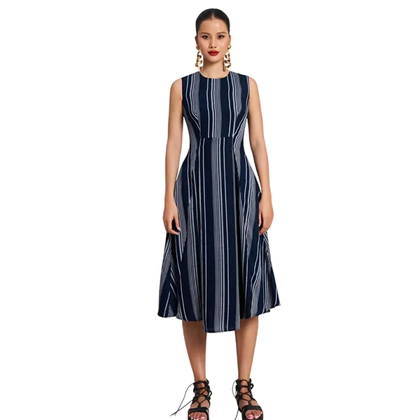 Váy Xòe Nữ F2 Fashion & Freedom Women's Golden Girl Linen Dress Blue With Gray Stripes D772-XSX-S-0923 Màu Xanh Xám Size S