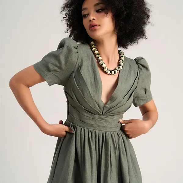 Váy Xòe Nữ F2 Fashion & Freedom Women's Linen Dress In Moss Green A Color Of Freedom D741-XR-S-0723 Màu Xanh Rêu Size S
