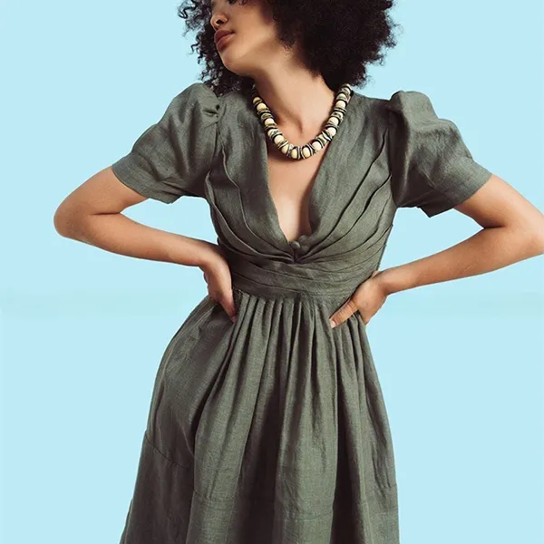 Váy Xòe Nữ F2 Fashion & Freedom Women's Linen Dress In Moss Green A Color Of Freedom D741-XR-S-0723 Màu Xanh Rêu Size S