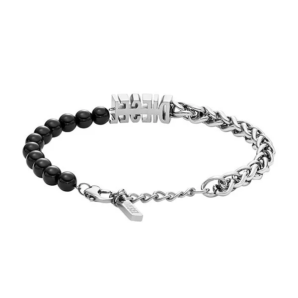 Vòng Đeo Tay Nam Diesel Black Agate Beaded Chain Bracelet DX1541040 Màu Bạc Đen