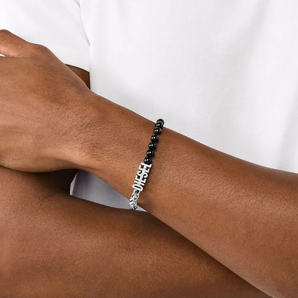 Vòng Đeo Tay Nam Diesel Black Agate Beaded Chain Bracelet DX1541040 Màu Bạc Đen