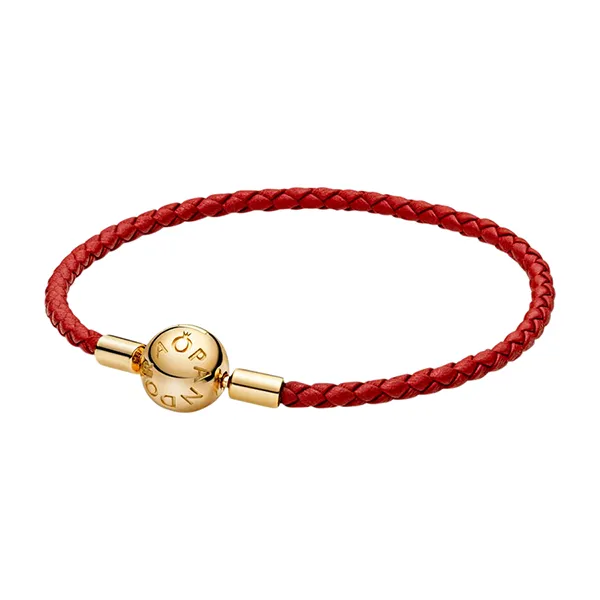 Vòng Đeo Tay Nữ Pandora 14K Gold Plated Round Clasp Bracelet With Red Leather Strap 568777C01 Màu Đỏ