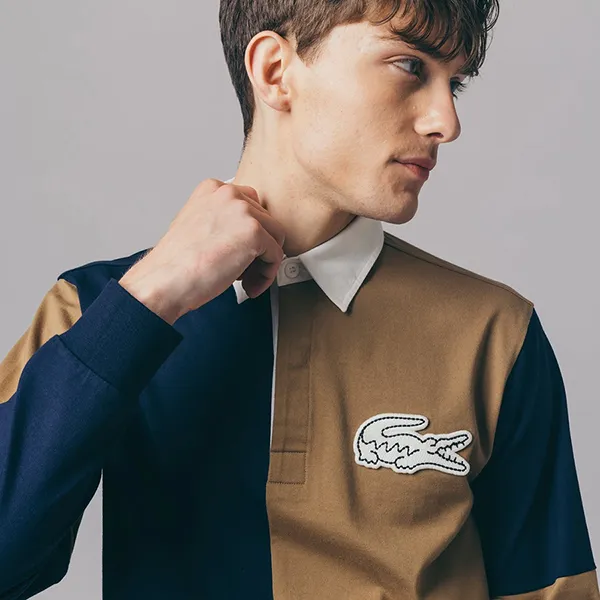 Áo Polo Dài Tay Nam Lacoste Color Block Rugby Shirt KH011-166 Màu Xanh - Nâu Size 2