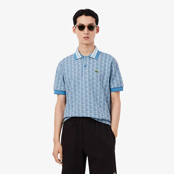 Áo Polo Nam Lacoste Men's Classic Fit Monogram Jacquard DH1417 - 1QI Màu Xanh Blue Size 3