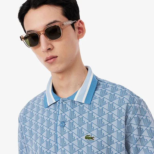 Áo Polo Nam Lacoste Men's Classic Fit Monogram Jacquard DH1417 - 1QI Màu Xanh Blue Size 3