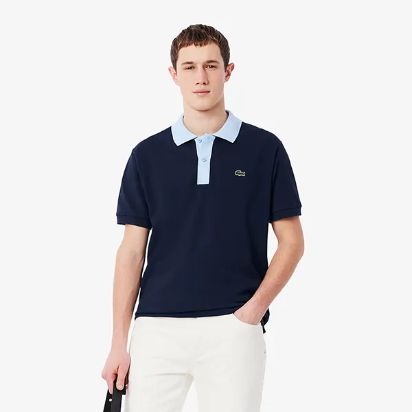 Áo Polo Nam Lacoste Men's Polo Shirt L.12.12 Classic Style With Color Blocked Collar PH9879-GE5 Màu Xanh Blue Size 5