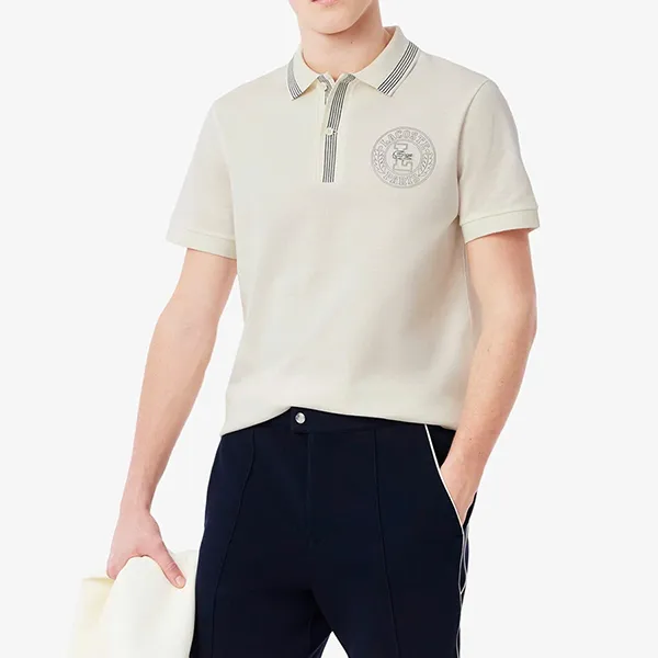 Áo Polo Nam Lacoste Men's Polo Shirt With Striped Trim PH9960-ARS Màu Kem Size 5