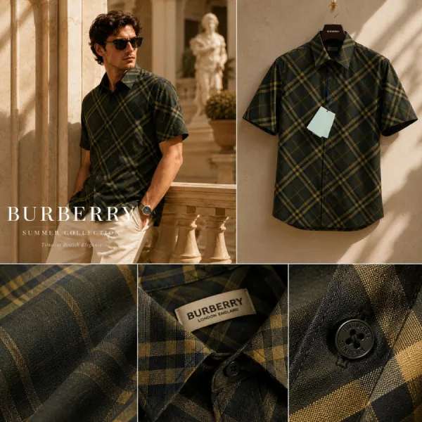 Áo Sơ Mi Cộc Tay Nam Burberry 8100681 Màu Xanh Rêu Size XS