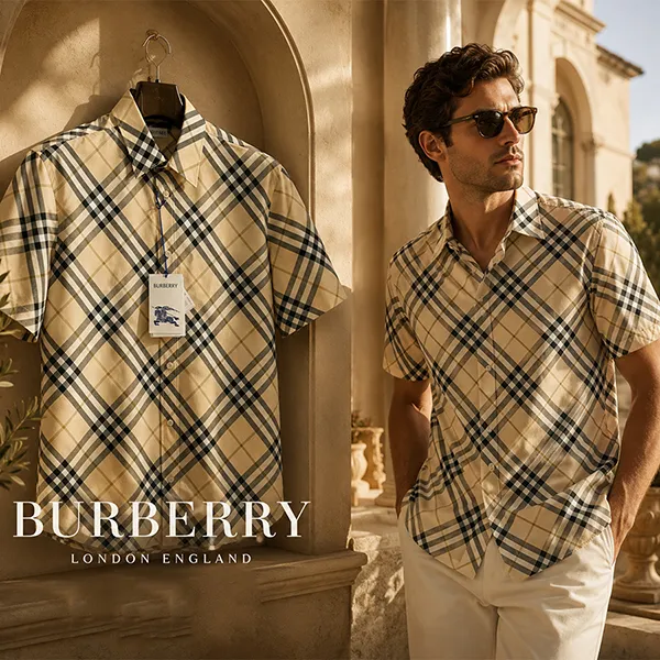 Áo Sơ Mi Cộc Tay Nam Burberry Check 8100682 Màu Camel Size S
