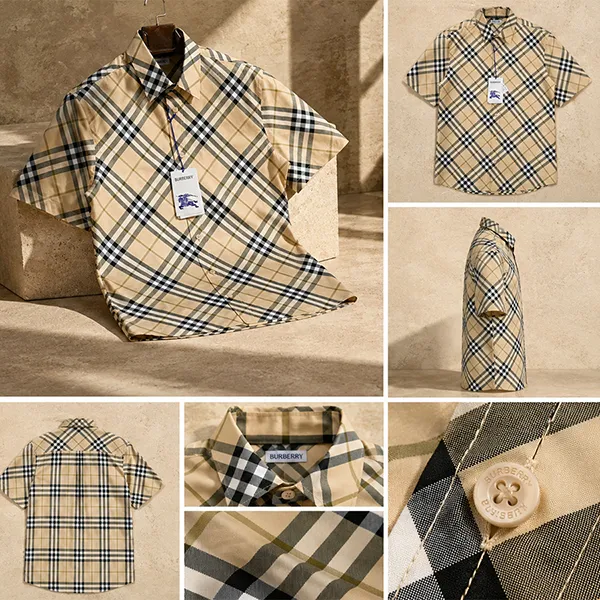 Áo Sơ Mi Cộc Tay Nam Burberry Check 8100682 Màu Camel Size S