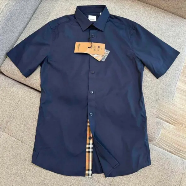 Áo Sơ Mi Cộc Tay Nam Burberry Men's Navy Short Sleeve Shirt Màu Xanh Navy Size XS