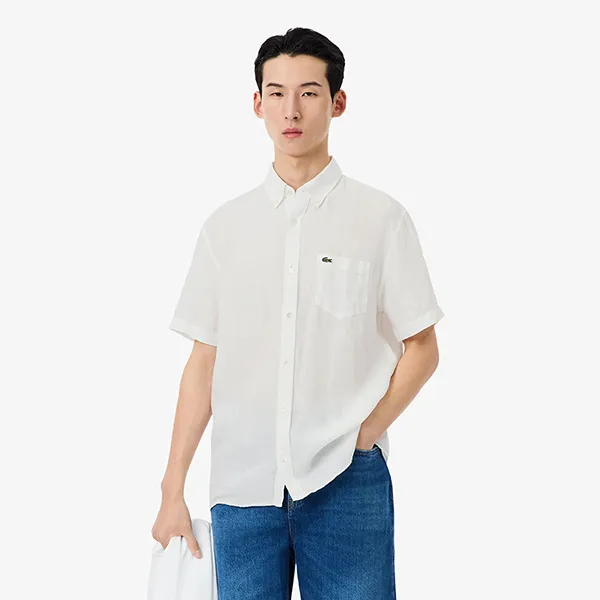 Áo Sơ Mi Cộc Tay Nam Lacoste Regular Fit Short Sleeved Linen Shirt CH5699 001 Màu Trắng Size 39