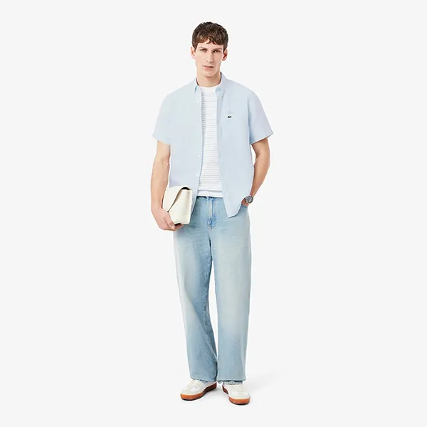 Áo Sơ Mi Cộc Tay Nam Lacoste Regular Fit Short Sleeved Linen Shirt CH5699 T01 Màu Xanh Pastel Size 38