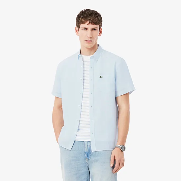 Áo Sơ Mi Cộc Tay Nam Lacoste Regular Fit Short Sleeved Linen Shirt CH5699 T01 Màu Xanh Pastel Size 38