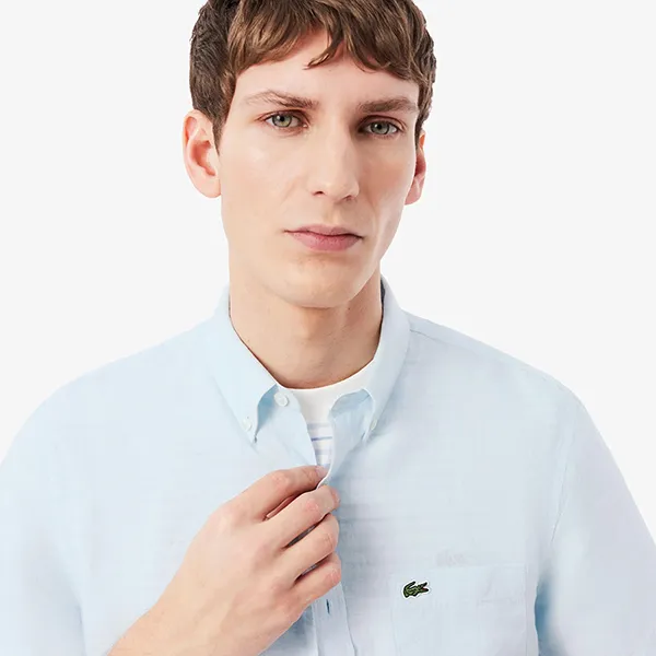 Áo Sơ Mi Cộc Tay Nam Lacoste Regular Fit Short Sleeved Linen Shirt CH5699 T01 Màu Xanh Pastel Size 38