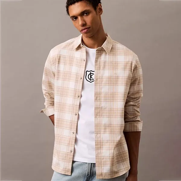 Áo Sơ Mi Nam Calvin Klein CK Plaid Flannel Classic Shirt 40EM134 - 230 Màu Be Kem Size XS