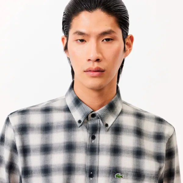 Áo Sơ Mi Nam Dài Tay Lacoste Cotton/Wool Blend Checked Shirt CH6347 - KBR Màu Đen Trắng Size 38