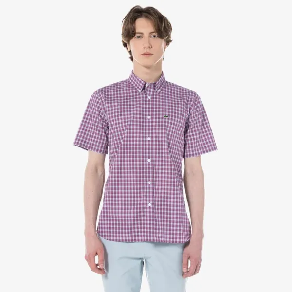 Áo Sơ Mi Nam Lacoste Short-Sleeve Plaid Shirt With Button Closure Regular CH0744 - INY Màu Hồng Tím Size 39