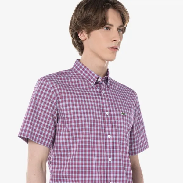 Áo Sơ Mi Nam Lacoste Short-Sleeve Plaid Shirt With Button Closure Regular CH0744 - INY Màu Hồng Tím Size 39