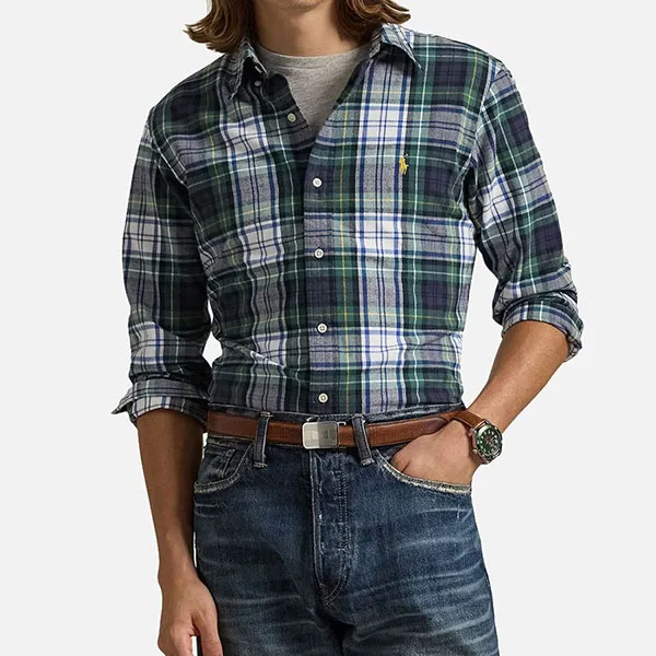 Áo Sơ Mi Nam Ralph Lauren Brushed Oxford Check Shirt 420001 Màu Xanh Kẻ Size M