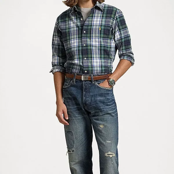 Áo Sơ Mi Nam Ralph Lauren Brushed Oxford Check Shirt 420001 Màu Xanh Kẻ Size M