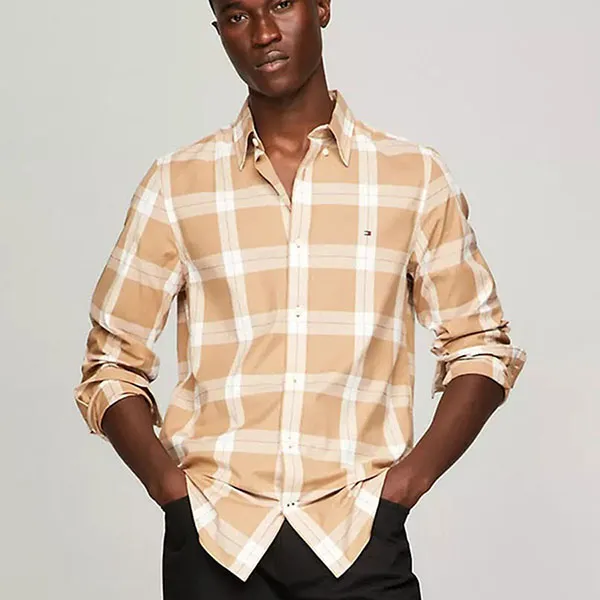 Áo Sơ Mi Nam Tommy Hilfiger Harrington Poplin Plaid Shirt Slim 78JB608 - 210 Màu Nâu Be Size XS