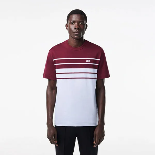 Áo Thun Nam Lacoste French Made Striped Jersey T-Shirt in Light Blue/ Bordeaux TH8130 - IT6 Màu Đỏ Trắng Size 3