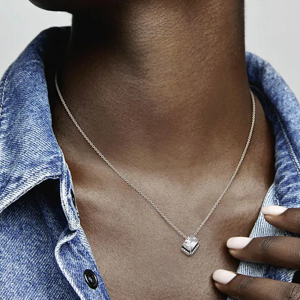 Dây Chuyền Pandora Rectangular Sparkling Halo Collier Necklace 392388C01 Màu Bạc
