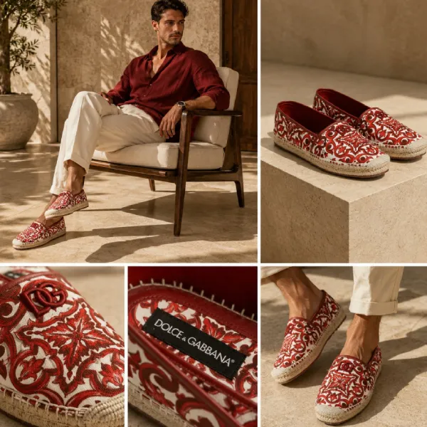 Giày Lười Nam Dolce & Gabbana D&G Canvas Espadrilles With Majolica Print A50730 AD506 Màu Đỏ Size 42