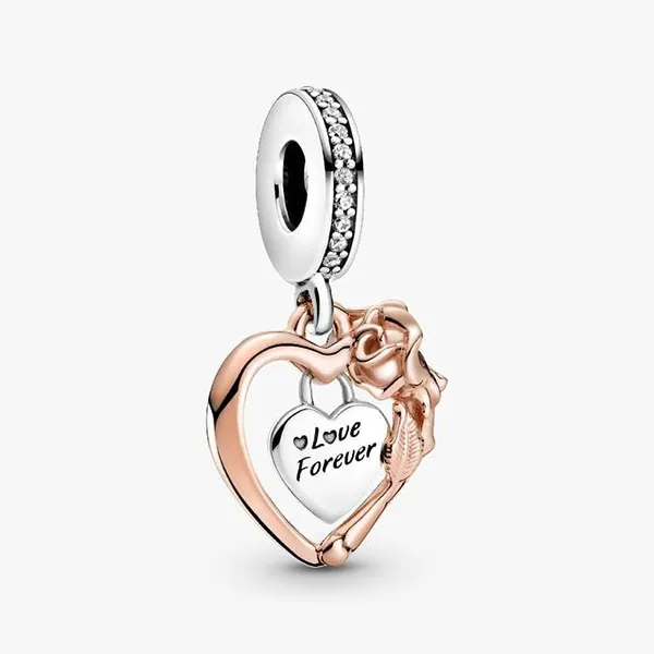 Hạt Vòng Charm Nữ Pandora Heart & Rose Flower Dangle Sterling Silver 14k Rose Gold Plating 789290C01 Màu Bạc/ Vàng Hồng