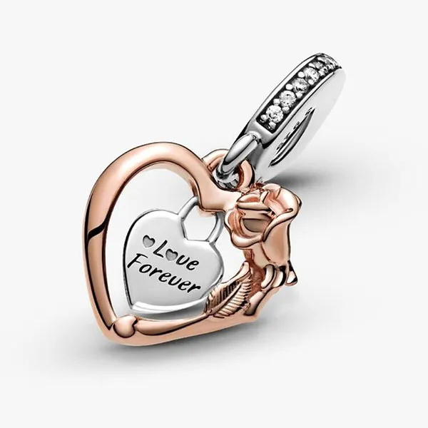 Hạt Vòng Charm Nữ Pandora Heart & Rose Flower Dangle Sterling Silver 14k Rose Gold Plating 789290C01 Màu Bạc/ Vàng Hồng