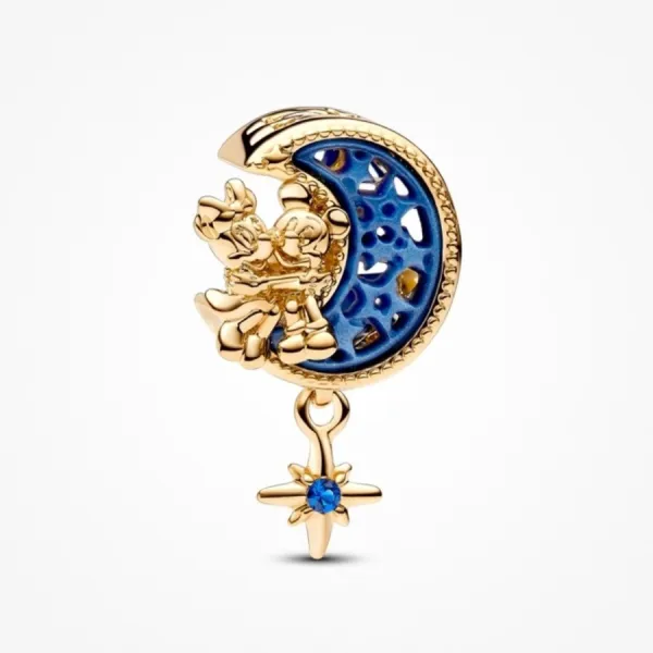 Hạt Vòng Charm Pandora x Disney Mickey Mouse & Minnie Mouse Crescent Moon 762956C01 Màu Vàng Phối Xanh
