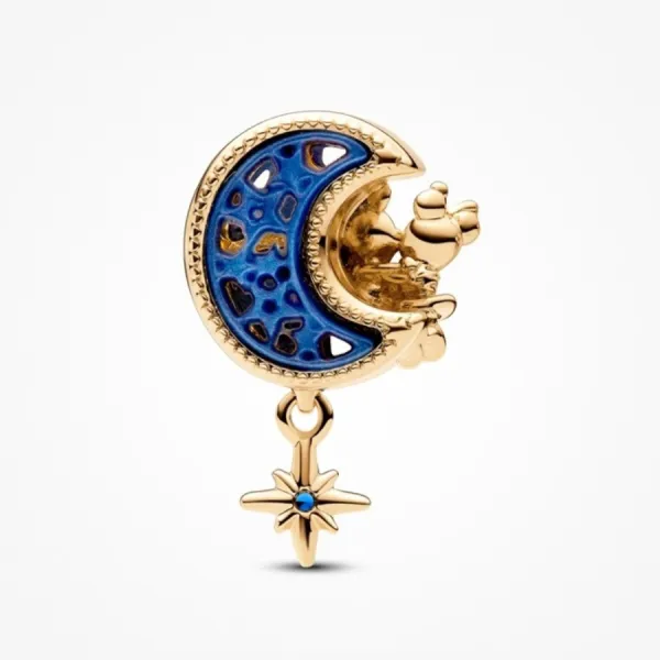 Hạt Vòng Charm Pandora x Disney Mickey Mouse & Minnie Mouse Crescent Moon 762956C01 Màu Vàng Phối Xanh
