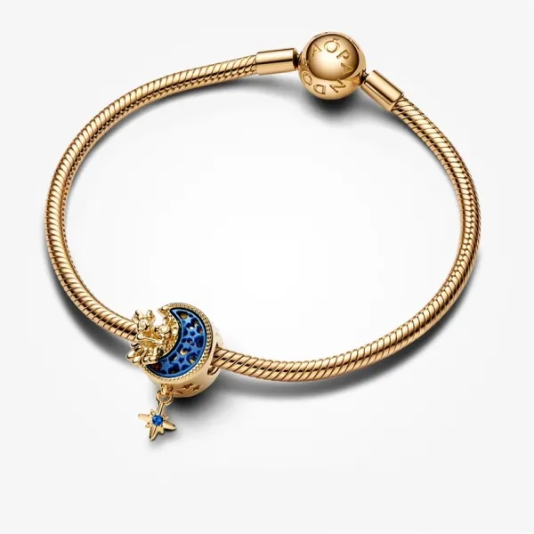 Hạt Vòng Charm Pandora x Disney Mickey Mouse & Minnie Mouse Crescent Moon 762956C01 Màu Vàng Phối Xanh