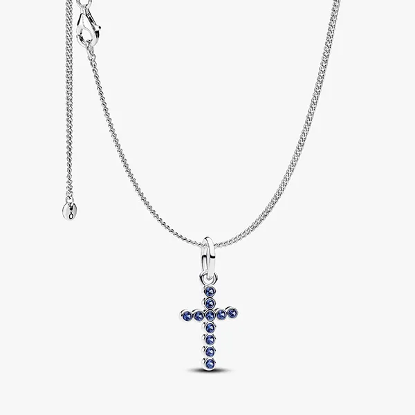 Mặt Dây Chuyền Pandora Blue Round Bezel Cross Necklace Màu Xanh Bạc